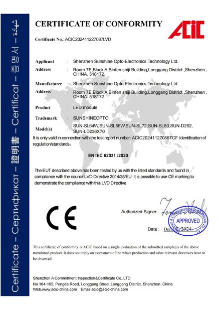 চীন Sunshine Opto-electronics Enterprise Co.,ltd সার্টিফিকেশন